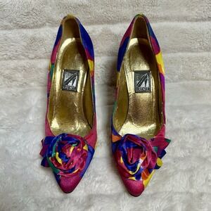 Vintage J Renee Multicolor Abstract Silk Floral Pom Heels 5M